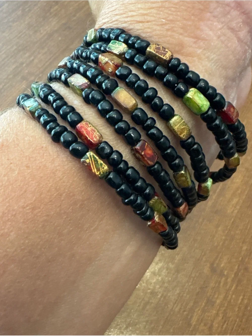 Handcrafted Black Beaded Coil Bracelet with Multicolor Accent Beads